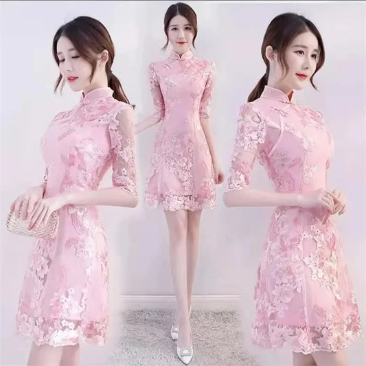 Spring Autumn Female Cheongsam Style Long Dresses Women Half Sleeve Lmproved Maxi Dress 2025 Ladies Fashion Solid Color Vestidos