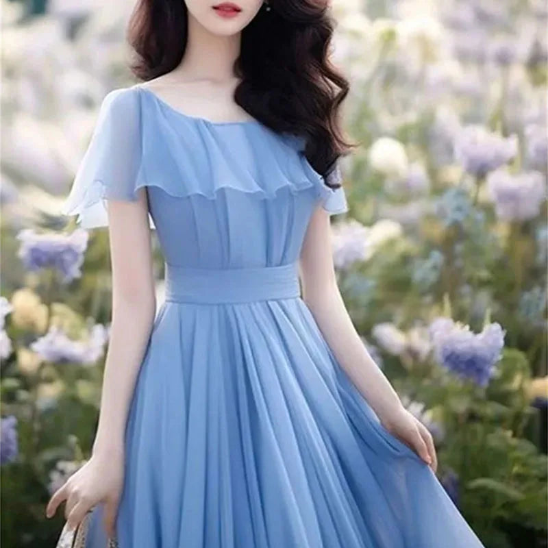 Seaside Vacation Gentle Wind Blue Long Dress Women Dress Summer Autumn Beautiful  Chiffon Dress Waist Cinching Fairy Dresse