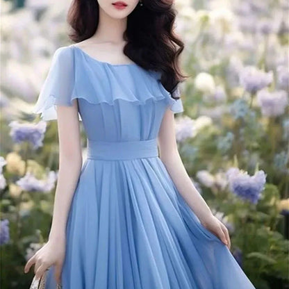Seaside Vacation Gentle Wind Blue Long Dress Women Dress Summer Autumn Beautiful  Chiffon Dress Waist Cinching Fairy Dresse
