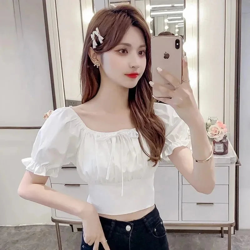 Summer New Fashion Temperament Women Bubble Sleeve Square Collar Shirt Design Sense Of Small Sweet Halter Short Sleeve Top