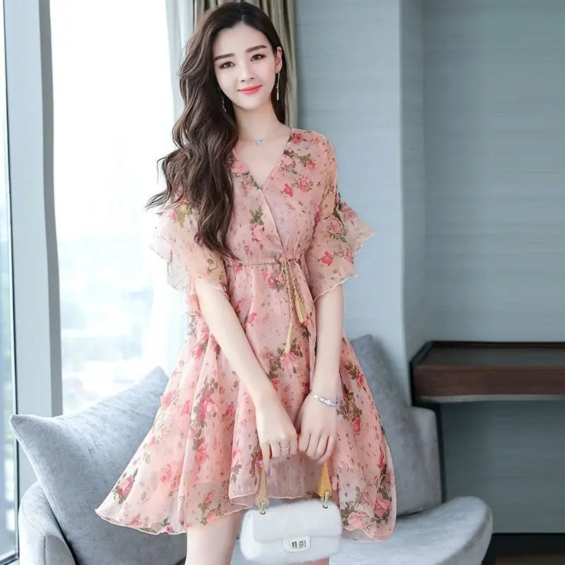 Chiffon Floral V-neck Ruffle Woman Dress Promotion Elegant and Pretty Korean Style Fashion Summer 2025 Chic Dresses for Women