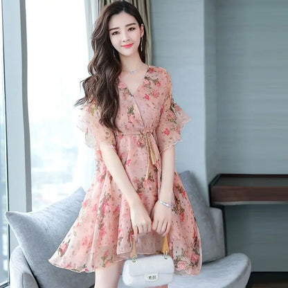 Chiffon Floral V-neck Ruffle Woman Dress Promotion Elegant and Pretty Korean Style Fashion Summer 2025 Chic Dresses for Women