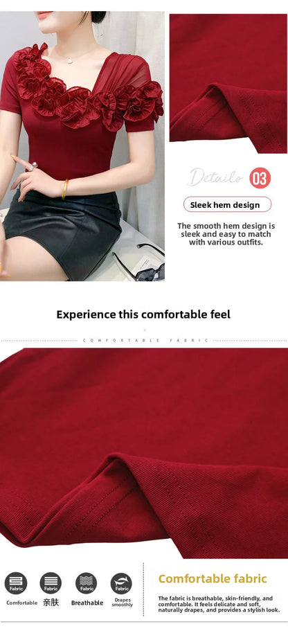 Faionable Floral Lace Ear ort Sve Slimming Me oulder Bared T-Shirt Women's Casual Sle Polyester Fabric Tee irt