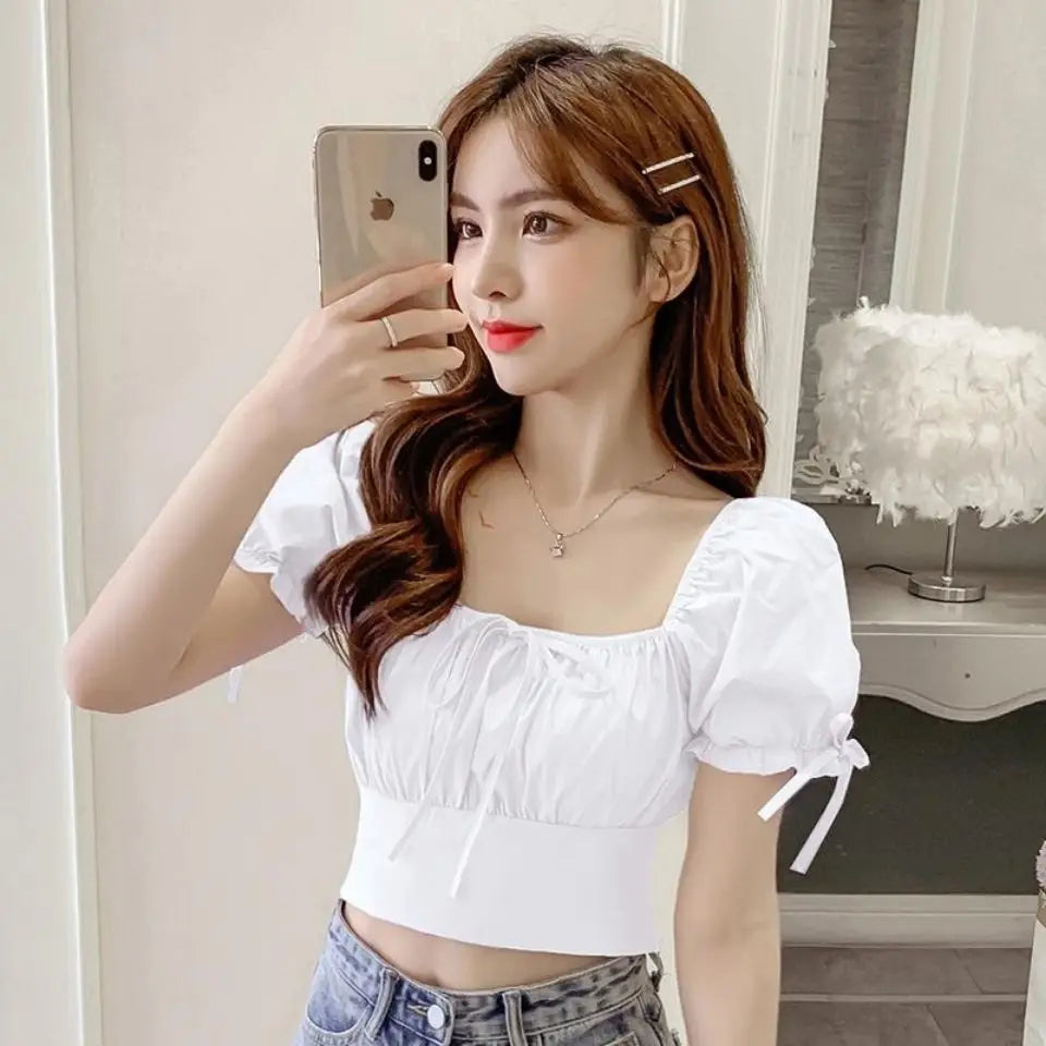 New Women's One-shoulder Lace-up Short Sleeve Waist-hugging Top