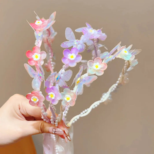 Sweet Wreath Ribbon Hair Hoops for Girl Cute Flower Butterfly Fairy Headdress Princess Braided Hair Bands