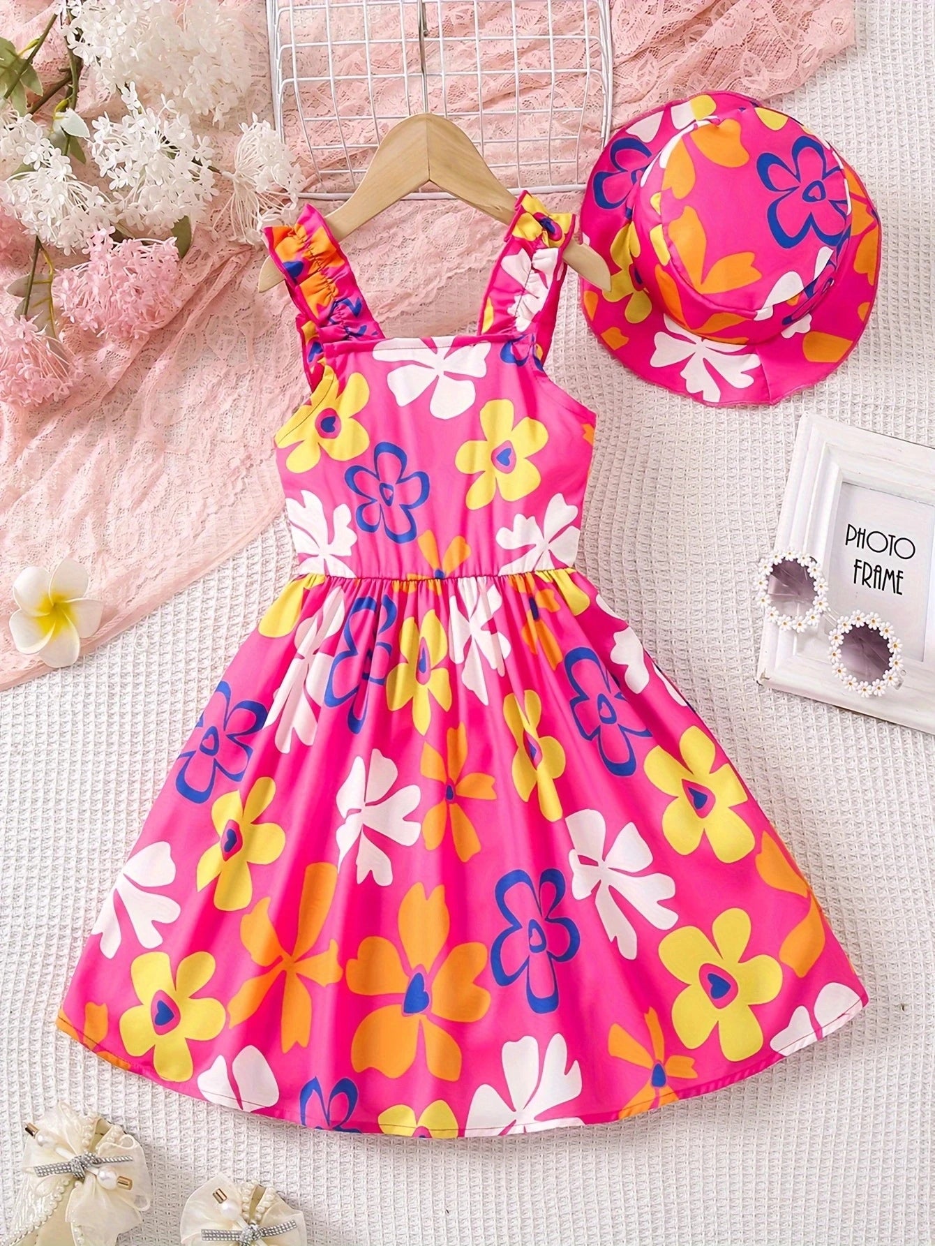 Summer fashion dress for girls, floral print pattern, ruffled camisole dress+hat