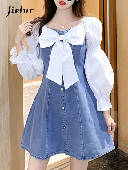Jielur Korean Dress for Women Fashion Square Collar Puff Sleeve Sweet Bow Robe Femme Patchwork Tunic Denim Dress