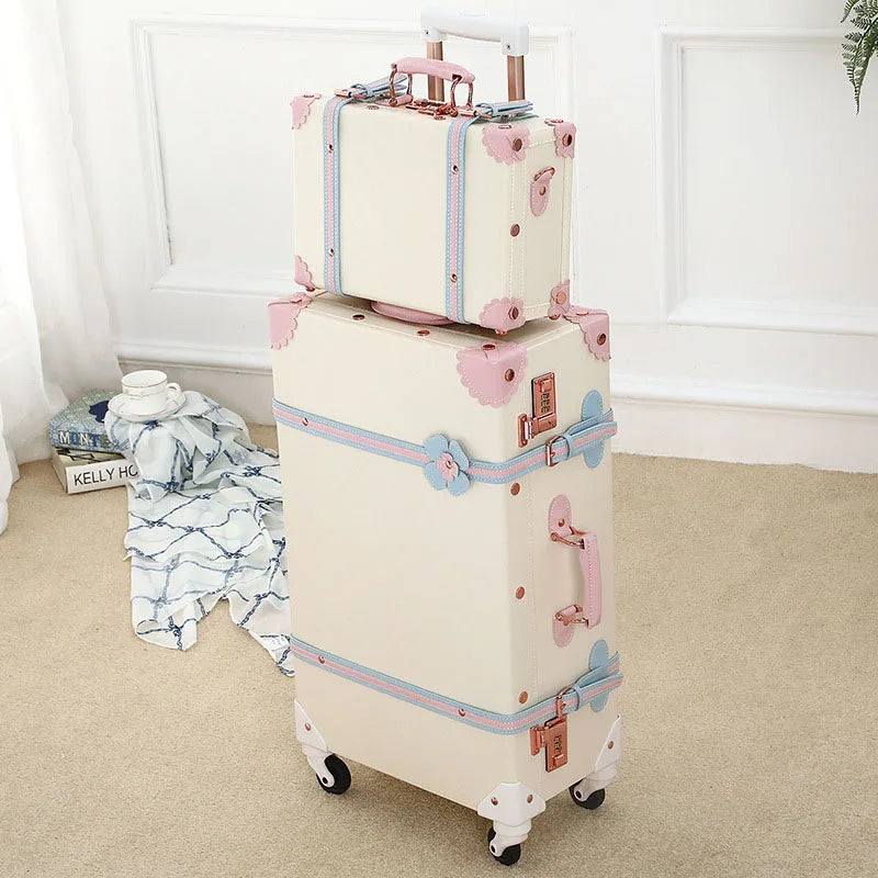 2024 New Retro white pink blue Travel Bag Rolling Luggage sets,13 inch Women Trolley Suitcases vs handbag with Wheel