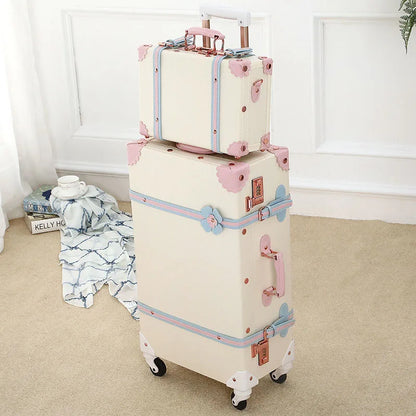 2024 New Retro white pink blue Travel Bag Rolling Luggage sets,13 inch Women Trolley Suitcases vs handbag with Wheel