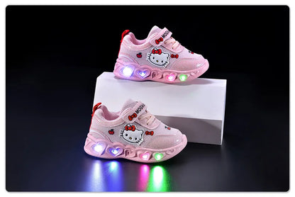 Sanrio LED Kids Shoes for Girls Cute Cartoon Hello Kitty Shoes Summer Girl Kawaii Shoes Soft Bottom Sneakers Casual Shoes