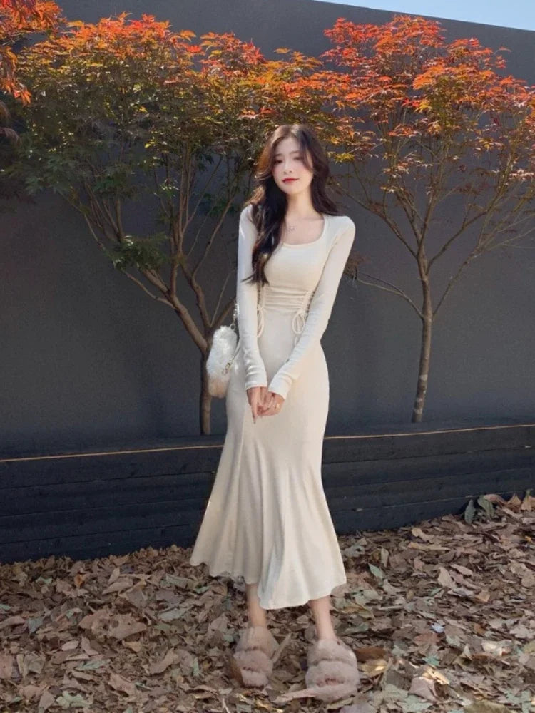 French Style Dresses Women High Waisted  Daily Casual Comfortable Long Sleeve Ladies Mermaid Dress  Autumn Winter Clothes