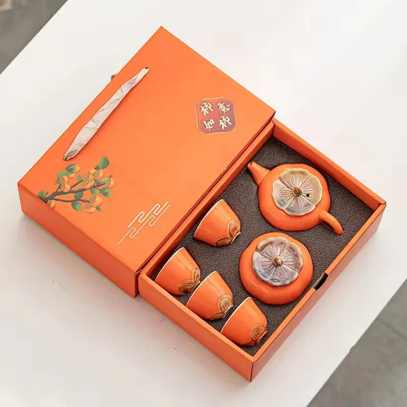 Chinese Travel Kung Fu Ceramic Tea Set 1 Teapot 4 Teacups Tea Ceremony Portable Persimmon Shape Teapot Exquisite Gift Box