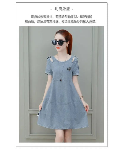 Short sleeved Denim Dress Summer Women's 2024 New College style Fashion Student Loose Dress With pockets Casual Clothing