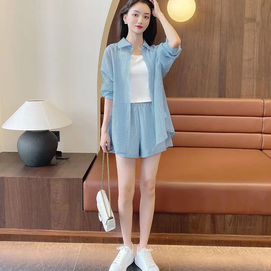 Spring and Summer Sun Protection Women's Set Stylish Loose Shirt Shorts High-end Elegant Women's Three Piece Set