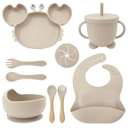 Baby Feeding Set 9PCS Silicone Crab Bowl Plate Spoon Fork Toddler Tableware Kids Dish Infant Utensils