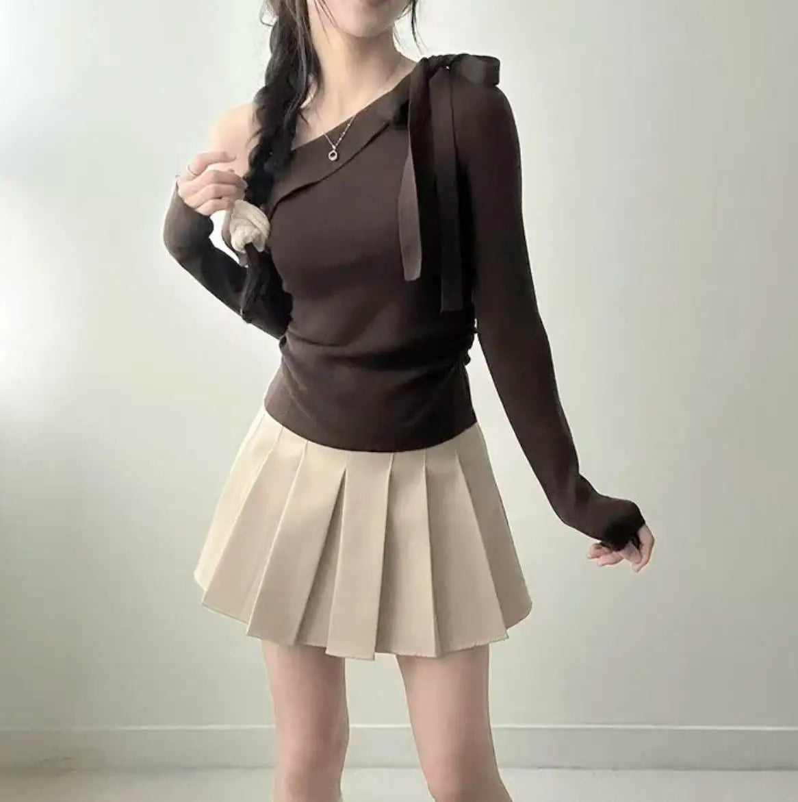 Women's Knitted Sweater Chic oulder Bow Design Long Sve Sweet Inner Wear Base irt Korean Sle Faionable Top