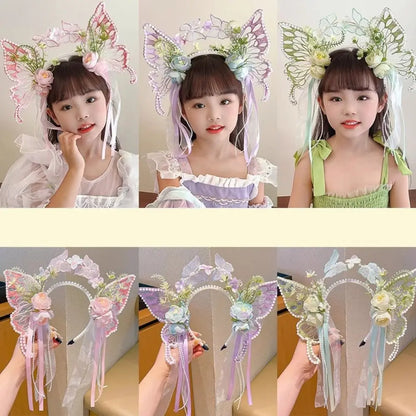 Fresh Sweet Butterfly Flowers Hairband Pearl Beads Silk Ribbon Floral Headwear Fairy Hair Jewelry Decorative Headwear Women Wear