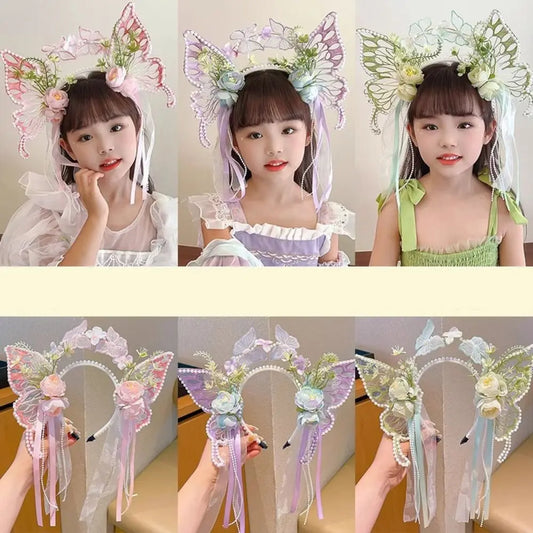 Fresh Sweet Butterfly Flowers Hairband Pearl Beads Silk Ribbon Floral Headwear Fairy Hair Jewelry Decorative Headwear Women Wear