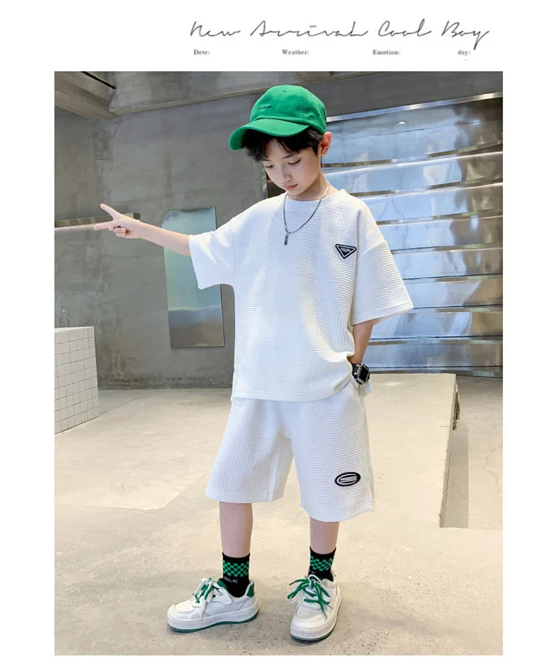 New Teenager Casual Outfits Children Trends Clothes Suits Kids Short Sleeves Tops+Baggy Pants 2Pcs