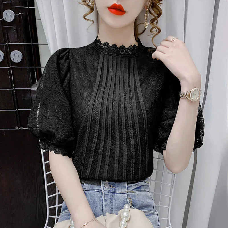 White 's Top 2023 Summer New Bubble Short Sleeve Chiffon Thin T-shirt Unique Lace Little Blusas Clothes for Women Blouse Shirts
