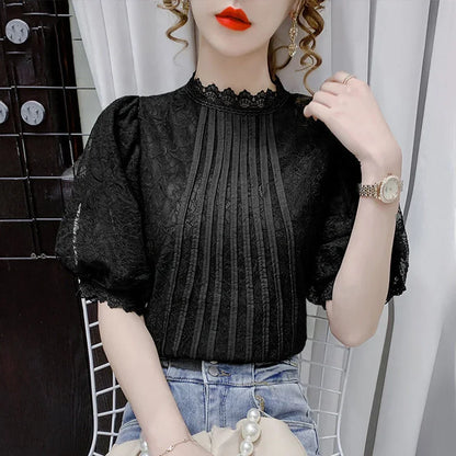 White 's Top 2023 Summer New Bubble Short Sleeve Chiffon Thin T-shirt Unique Lace Little Blusas Clothes for Women Blouse Shirts