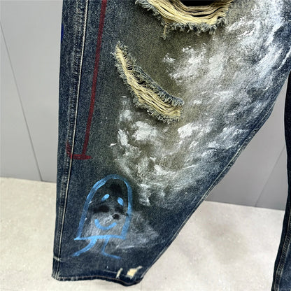 High End Men'S Clothing Hip Hop Graffiti Baggy Jeans For Men Streetwear Skateboard Ripped Jeans Korean Trendy Denim Trousers  ( Available )