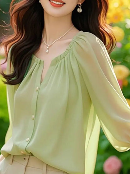Chic Summer irt Women's Sle Korean Five-Quarter Sve Age-Defng Beautiful Faionable Good-Looking Chiffon Top