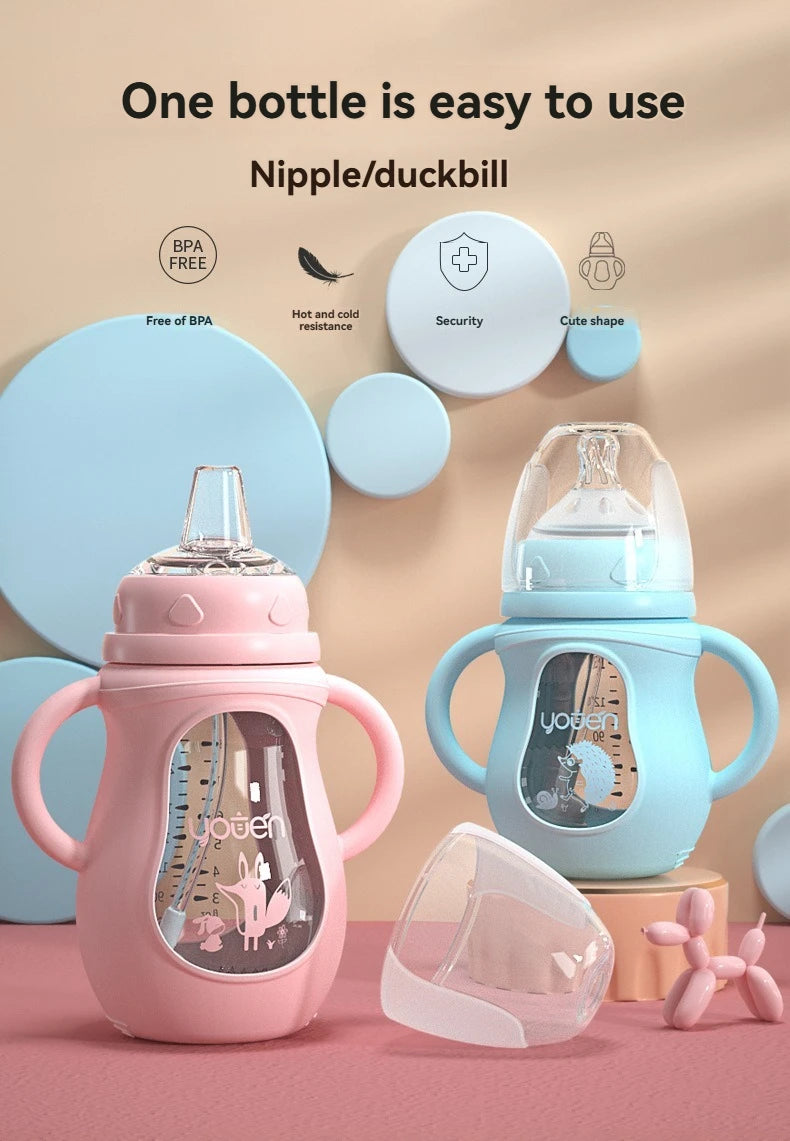 Wide Neck Glass Baby Bottle with Silicone Sleeve & Anti-Colic Straw Nipple – BPA-Free Newborn Feeding Set for Weaning Transition
