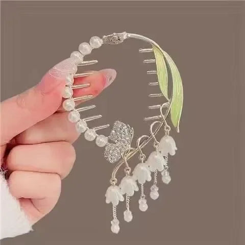 Ladies Butterfly Rhinestone Pearl Metal Hair Claw Round Bun Ponytail Holder