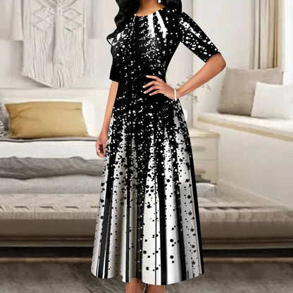 Women's Elegant Party Long Dresses Loose Round Neck Short Sleeves Retro Printed Casual Long Dress  (Available)
