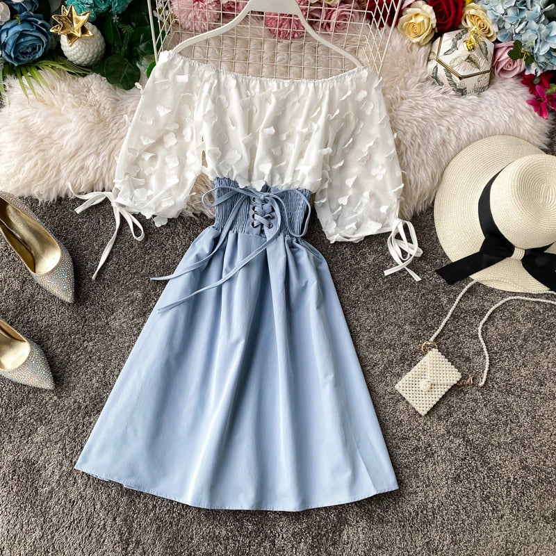 Summer Women's Dress Sexy Off Shoulder Patchwork Party Flower Chiffon Waist Lace Up Beach Short Dresses