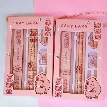 1Set 8 In 1 Student Stationery Capybara Pencil Ruler Eraser Sharpener Set Office Accessories School Writing Supplies Kids Gifts