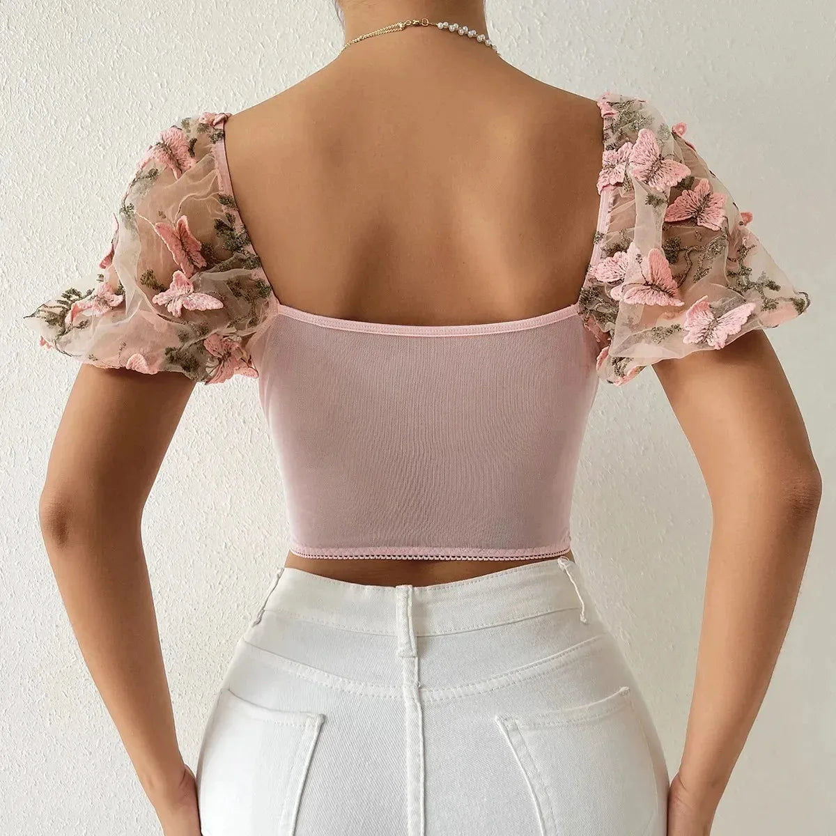 Women Summer Sexy Mesh Flower Embroidery Design Puff Sleeve Fishbone Corset Ins Style Slim-fit Sweet Spice Girl Short Crop Tops