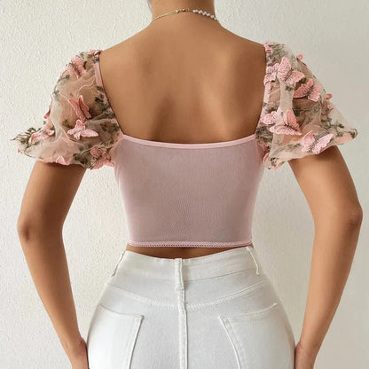 Women Summer Sexy Mesh Flower Embroidery Design Puff Sleeve Fishbone Corset Ins Style Slim-fit Sweet Spice Girl Short Crop Tops