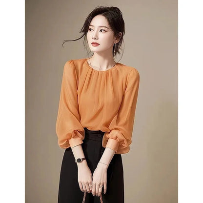 Autumn Winter Ladies Solid Color Blouse Jacket 2025 Female Long Sleeves Tops Coat Korean Women Fashion Round Neck Chiffon Shirt
