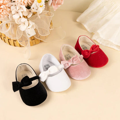 Newborn Baby Girls Mary Jane Flats Cute Bowknot Velvet Toddler Dress Shoes Lovely Princess Infant Crib Shoes for 0-18Months