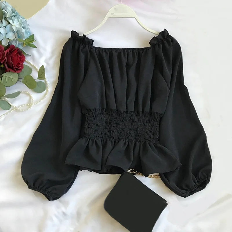 Spring Fall Korean Long Sleeve Chiffon Women Blouse Shirt Slim Sexy Slash Neck Ladies Shirts Womens Tops And Blouses JW9023