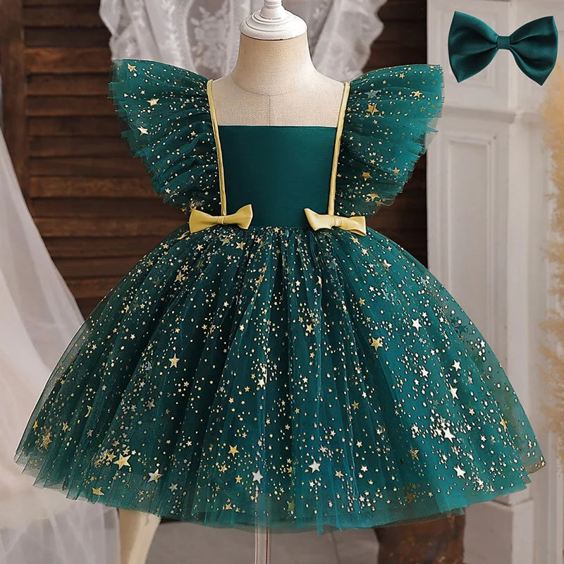 Child's Party Dress Children's Summer Princess Bow Star Sequin Gauze Skirt Girls Skirt Sweet Dress Fashion Kid's Dress Puffy