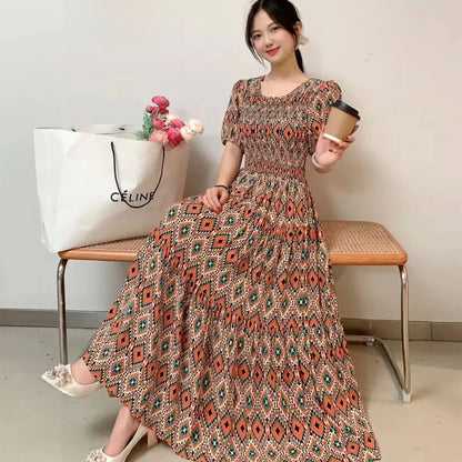 Summer New Cotton Silk Dr Casual High Waist Floral Print Beachwear Outerwear Slimming Waist Long Skirt A-Line Gown