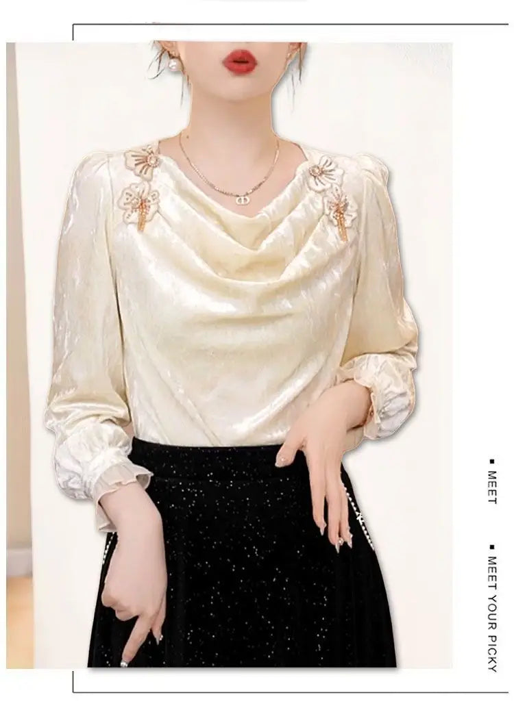 Faionable Floral Patchwork Long Sve irt Women's Winter Luxury Sle Ele Top French Sle Loose Fit Polyester Fiber