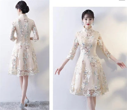 Spring Autumn Female Cheongsam Style Long Dresses Women Half Sleeve Lmproved Maxi Dress 2025 Ladies Fashion Solid Color Vestidos