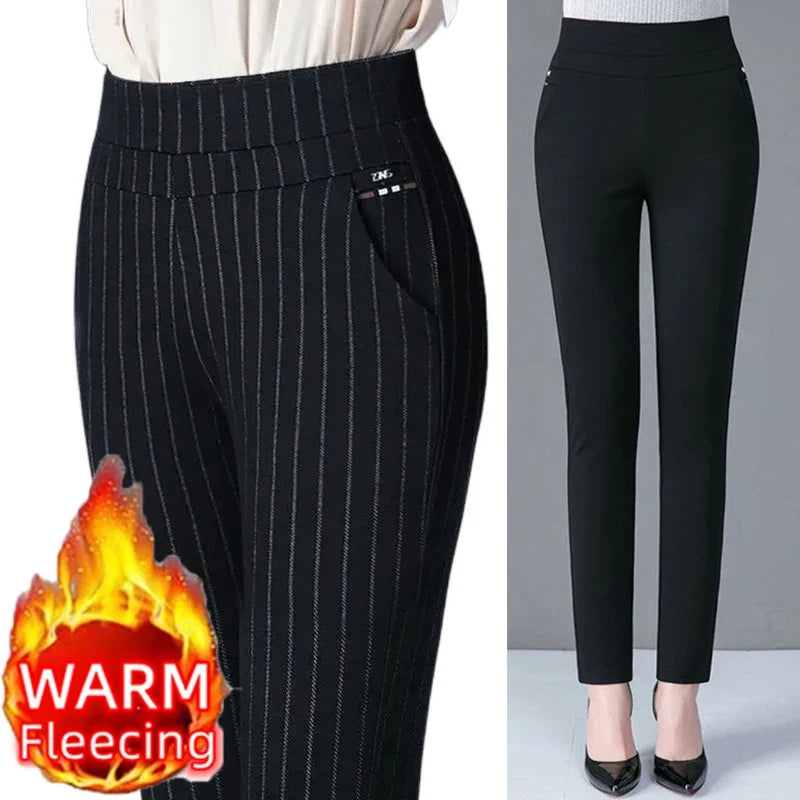 Autumn Winter Casual Elegant Office Slimming Solid Color Fleecing Thick Thin Women's Pants Elastic Waist Tight Pencil Pants (Available)