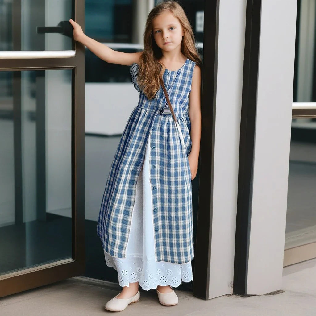 Summer Girls Retro Red Plaid Vest Dress 2-Piece Set Thin French Style Strappy Sundress Casual Vacation Outfit Teen Kids Clothes