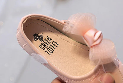 Korean Style Kids Solid Color Embroidered Leather Shoes Girls Big Bow Mesh Flower Princess Flat Dance Shoes