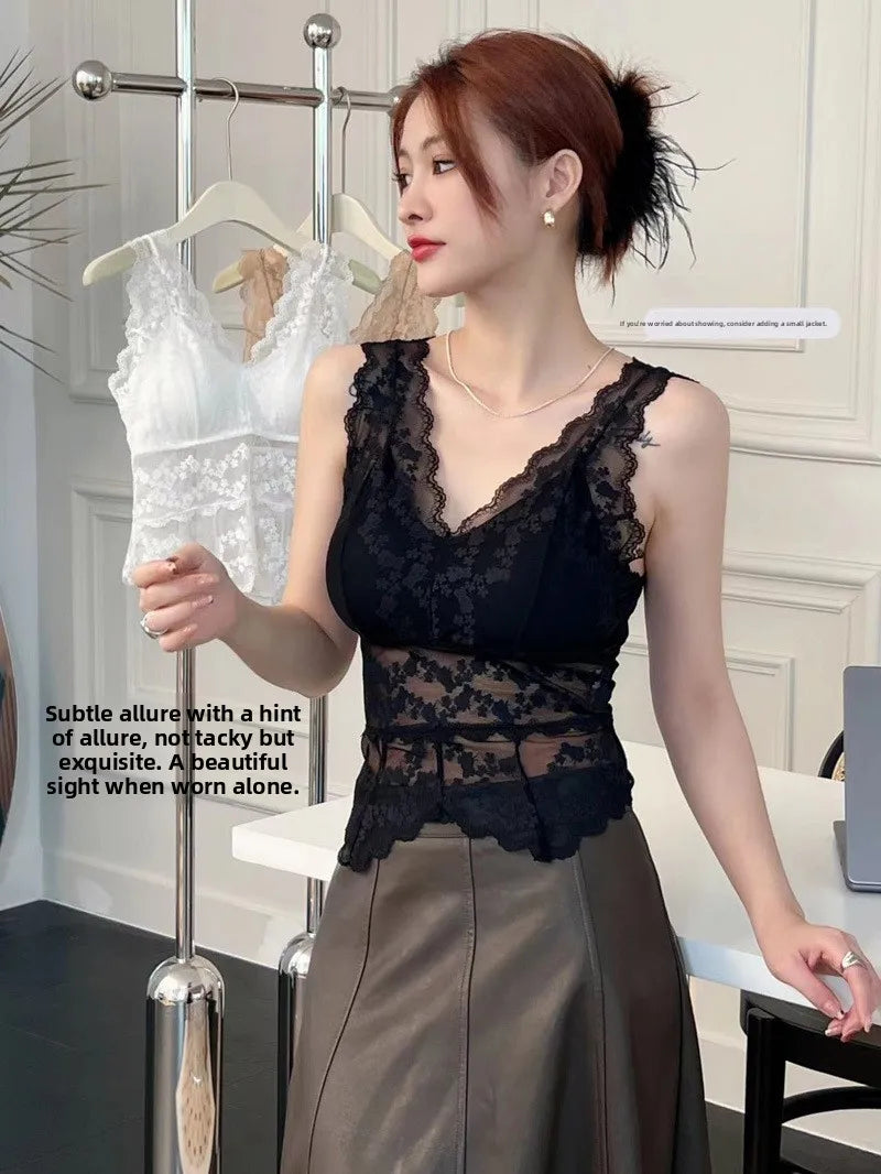 Lace White Strap Vest Women Summer Outdoor Wear with Chest Pad Beautiful Ba Base Inner Match V-ne Svel Top Women