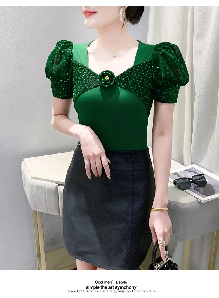 Women's Chic Youthful Square Neck Puff Sleeve T-Shirt Shimmery Floral Summer Blouse  Slim Fit Trendy Top