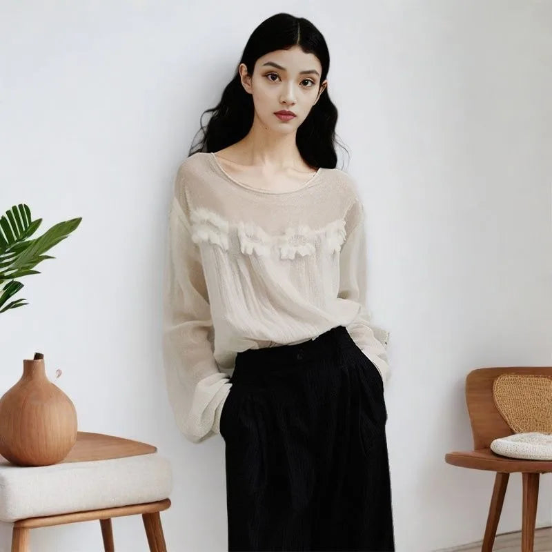 Western-style Floral Tops for Women 2025 Spring and Summer Jacquard Design Textured Casual Light and Slightly See-through Tops