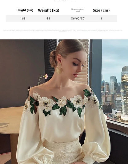 Embroidered Heavy Work Satin Patchwork irt Women's Sle Spring New Arrival Long Sve round Ne Fly Sve Lace Top
