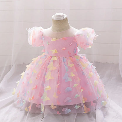 Toddler Girl Party Dress Colorful Gradient 3D Butterfly Prom Gown Girl Bow Lace Birthday Wedding Princess Summer Dresses Evening