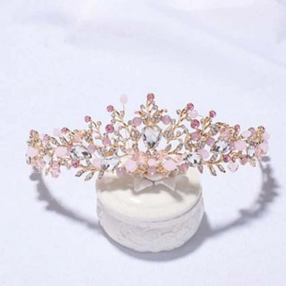 Ancient Vintage Pink Floral Crown Elegant Shiny Crown Hair Accessory Headwear Alloy Princess Rhinestone Tiara Photography Props